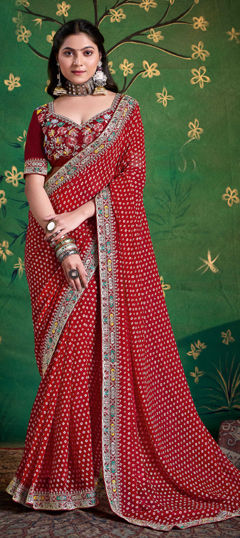 Red and Maroon color Saree in Georgette fabric with Embroidered, Printed work