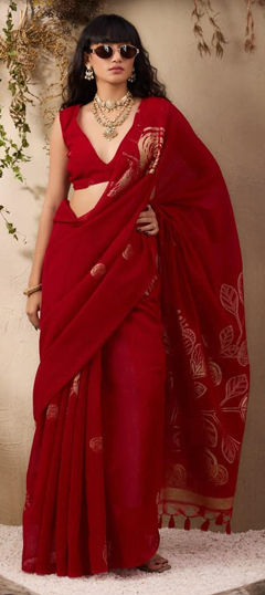 Red and Maroon color Saree in Art Silk fabric with Printed work