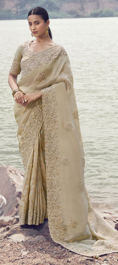 Beige and Brown color Saree in Viscose fabric with Embroidered, Resham, Sequence, Thread, Zari work