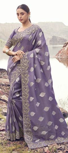 Purple and Violet color Saree in Viscose fabric with Embroidered, Resham, Sequence, Thread, Zari work