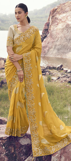 Yellow color Saree in Viscose fabric with Embroidered, Resham, Sequence, Thread, Zari work