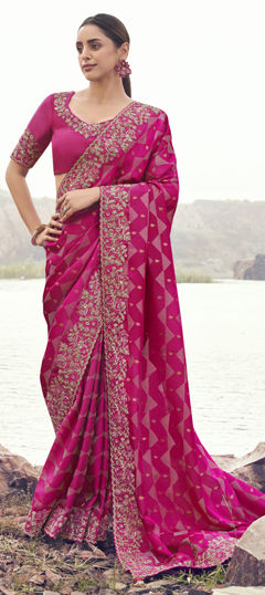 Pink and Majenta color Saree in Viscose fabric with Embroidered, Resham, Sequence, Thread, Zari work