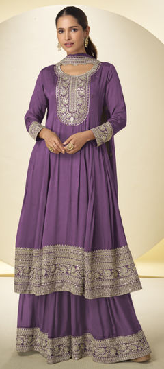 Purple and Violet color Salwar Kameez in Chinon Silk fabric with Embroidered work