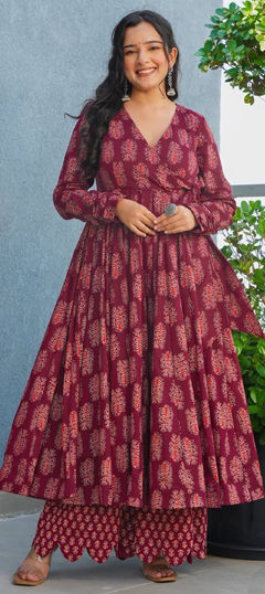 Red and Maroon color Salwar Kameez in Rayon fabric with Digital Print work
