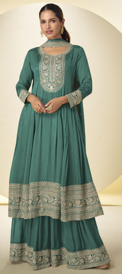 Green color Salwar Kameez in Chinon Silk fabric with Embroidered work