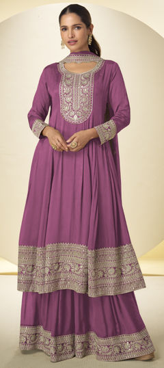Pink and Majenta color Salwar Kameez in Chinon Silk fabric with Embroidered work