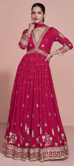 Pink and Majenta color Gown in Georgette fabric with Embroidered work
