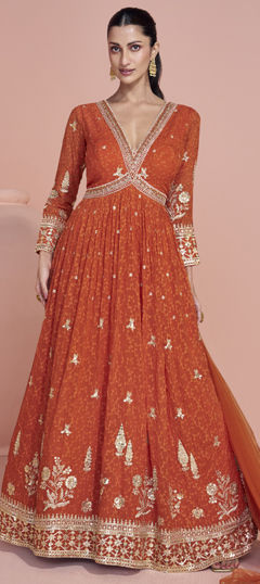 Beige and Brown color Gown in Georgette fabric with Embroidered work