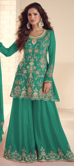 Green color Salwar Kameez in Chinon Silk fabric with Embroidered, Stone, Thread work