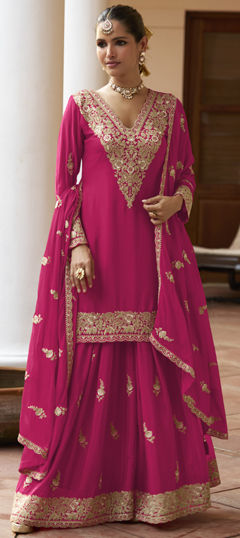 Pink and Majenta color Salwar Kameez in Chinon Silk fabric with Embroidered, Sequence, Thread work