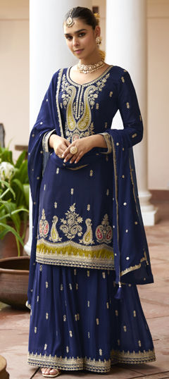 Blue color Salwar Kameez in Chinon Silk fabric with Embroidered, Sequence, Thread work
