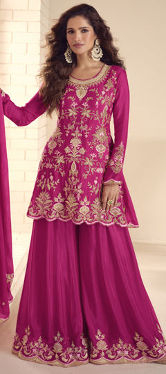 Pink and Majenta color Salwar Kameez in Chinon Silk fabric with Embroidered, Stone, Thread work