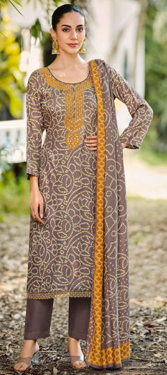 Beige and Brown color Salwar Kameez in Pashmina fabric with Bandhej, Digital Print, Embroidered work