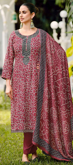 Red and Maroon color Salwar Kameez in Pashmina fabric with Bandhej, Digital Print, Embroidered work