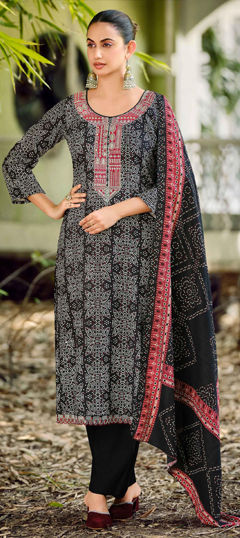 Black and Grey color Salwar Kameez in Pashmina fabric with Bandhej, Digital Print, Embroidered work