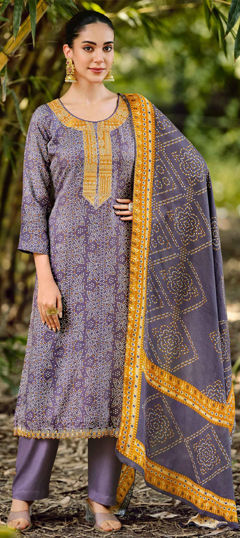 Purple and Violet color Salwar Kameez in Pashmina fabric with Bandhej, Digital Print, Embroidered work