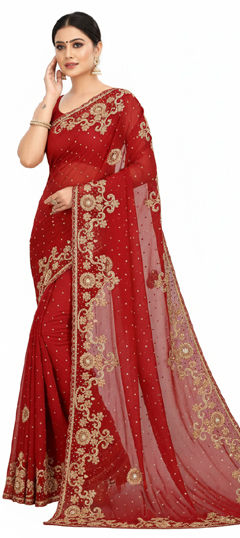 Red and Maroon color Saree in Georgette fabric with Embroidered, Stone work