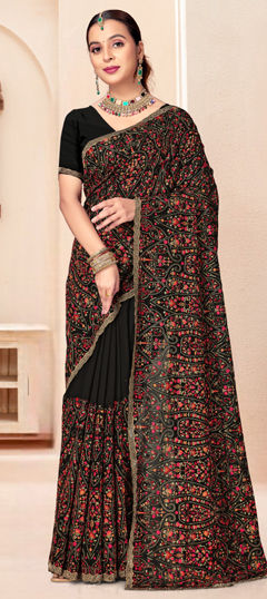 Black and Grey color Saree in Georgette fabric with Embroidered, Resham, Zircon work