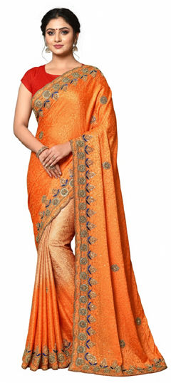 Beige and Brown color Saree in Jacquard fabric with Embroidered, Stone work