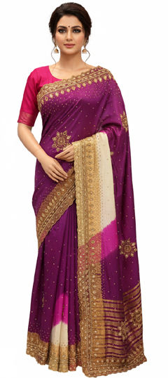 Purple and Violet color Saree in Kanjeevaram Silk fabric with Embroidered, Stone work