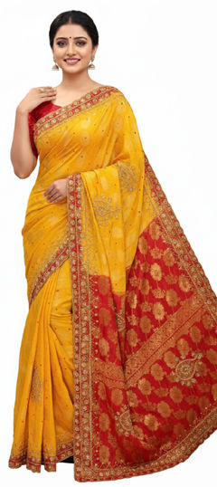 Yellow color Saree in Kanjeevaram Silk fabric with Embroidered, Stone work