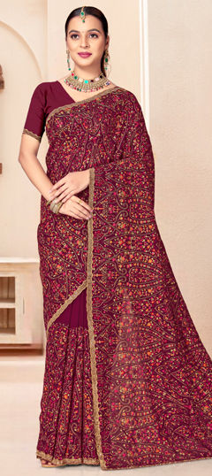 Purple and Violet color Saree in Georgette fabric with Embroidered, Resham, Zircon work