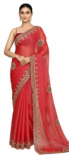 Beige and Brown color Saree in Silk fabric with Embroidered, Stone work