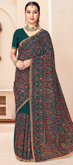 Green color Saree in Georgette fabric with Embroidered, Resham, Zircon work