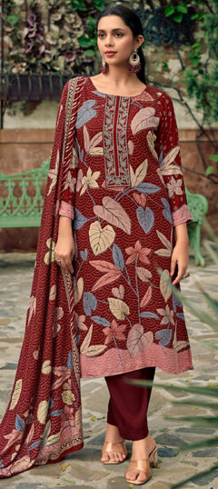 Red and Maroon color Salwar Kameez in Pashmina fabric with Digital Print, Embroidered, Floral work