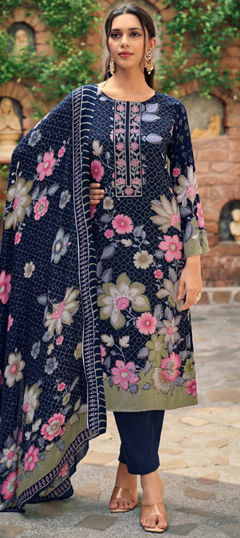 Blue color Salwar Kameez in Pashmina fabric with Digital Print, Embroidered, Floral work