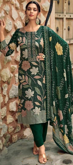 Green color Salwar Kameez in Pashmina fabric with Digital Print, Embroidered, Floral work