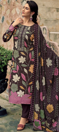 Beige and Brown color Salwar Kameez in Pashmina fabric with Digital Print, Embroidered, Floral work