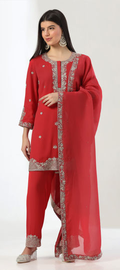 Red and Maroon color Salwar Kameez in Georgette fabric with Cut Dana, Zari work