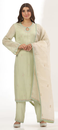 Green color Salwar Kameez in Organza Silk, Silk fabric with Cut Dana, Sequence, Thread work