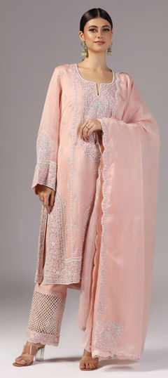 Pink and Majenta color Salwar Kameez in Organza Silk, Silk fabric with Cut Dana, Resham, Sequence, Thread work