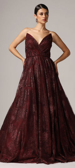 Red and Maroon color Gown in Net, Shimmer fabric with Printed work