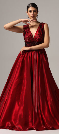 Red and Maroon color Gown in Organza Silk fabric with Bugle Beads, Embroidered, Stone work