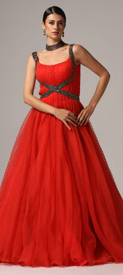 Red and Maroon color Gown in Organza Silk fabric with Bugle Beads, Embroidered, Stone work