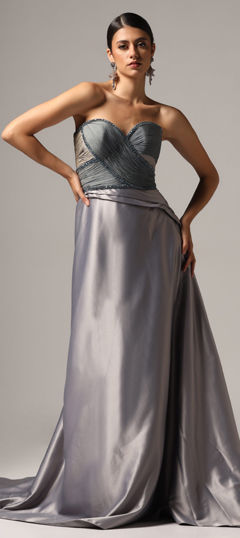 Black and Grey color Gown in Satin Silk fabric with Bugle Beads, Embroidered, Stone work