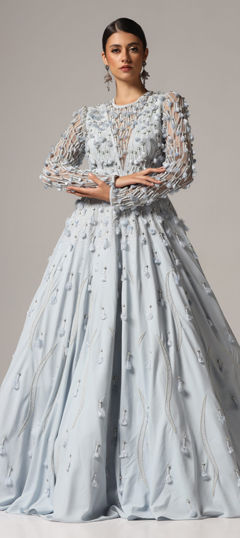 Blue color Gown in Georgette fabric with Bugle Beads, Cut Dana, Embroidered, Stone work