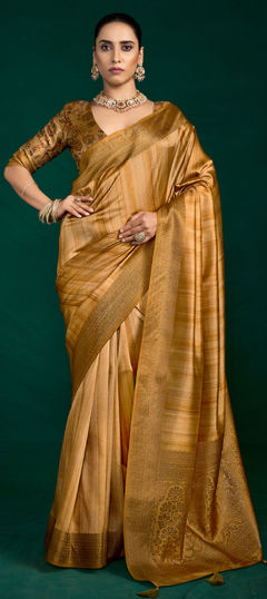 Gold color Saree in Tussar Silk fabric with Digital Print, Weaving work
