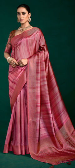 Pink and Majenta color Saree in Tussar Silk fabric with Digital Print, Weaving work