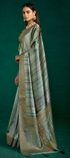 Black and Grey, Green color Saree in Tussar Silk fabric with Digital Print, Weaving work