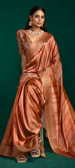 Orange color Saree in Tussar Silk fabric with Digital Print, Weaving work