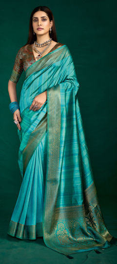 Blue color Saree in Tussar Silk fabric with Digital Print, Weaving work