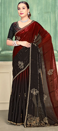 Red and Maroon color Saree in Satin Silk fabric with Zircon work