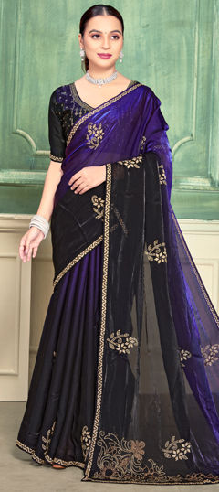 Purple and Violet color Saree in Satin Silk fabric with Zircon work