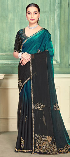 Green color Saree in Satin Silk fabric with Zircon work