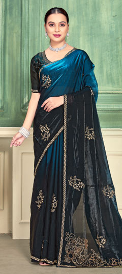 Blue color Saree in Satin Silk fabric with Zircon work