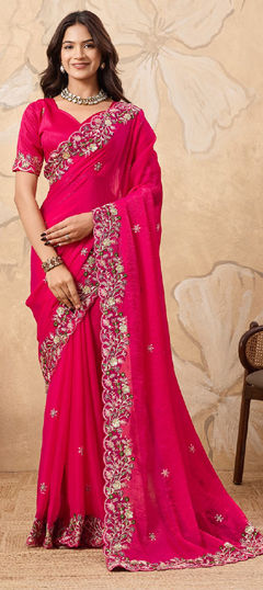 Pink and Majenta color Saree in Chiffon fabric with Embroidered, Sequence, Thread work